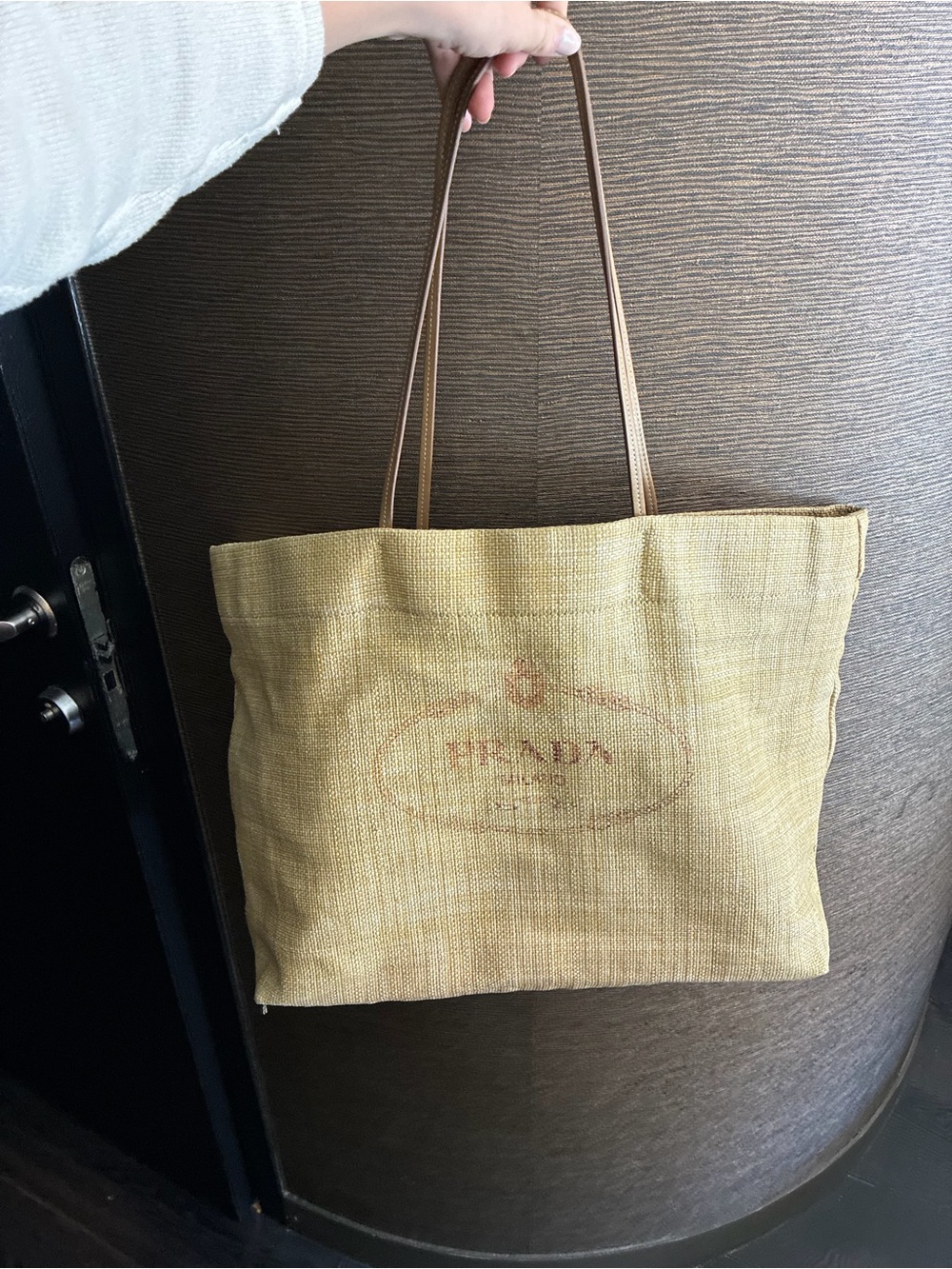 Prada Yellow Straw Tote with Tan Leather Straps